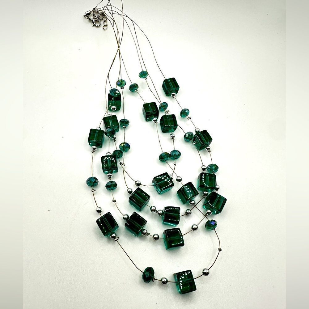 SALE! Multi-strand wire, Green Square and Faceted Glass Beaded Necklace!